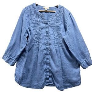 Coldwater Creek Linen Button Front Shirt 1X Blue Coastal Travel Vacation